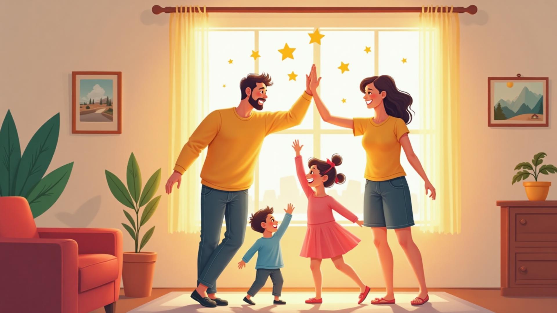 Happy family celebrating success together with stars