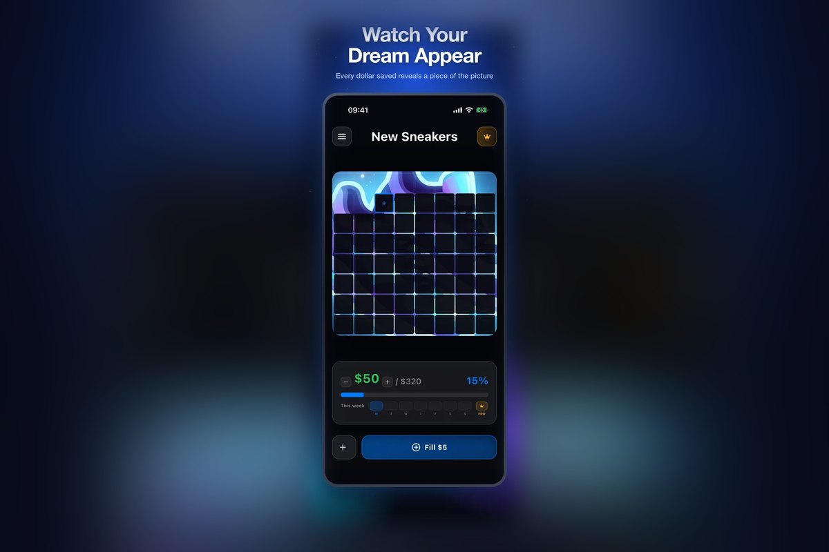 DreamBig app: a photo of the dream reveals cell by cell as a child saves money