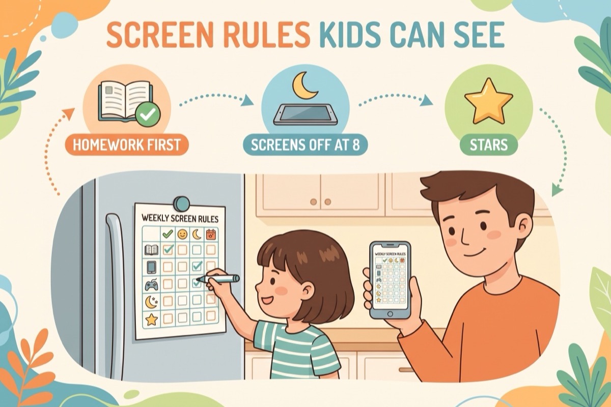 A child ticking off screen rules on a printed chart on the fridge while a parent holds the same chart on a phone