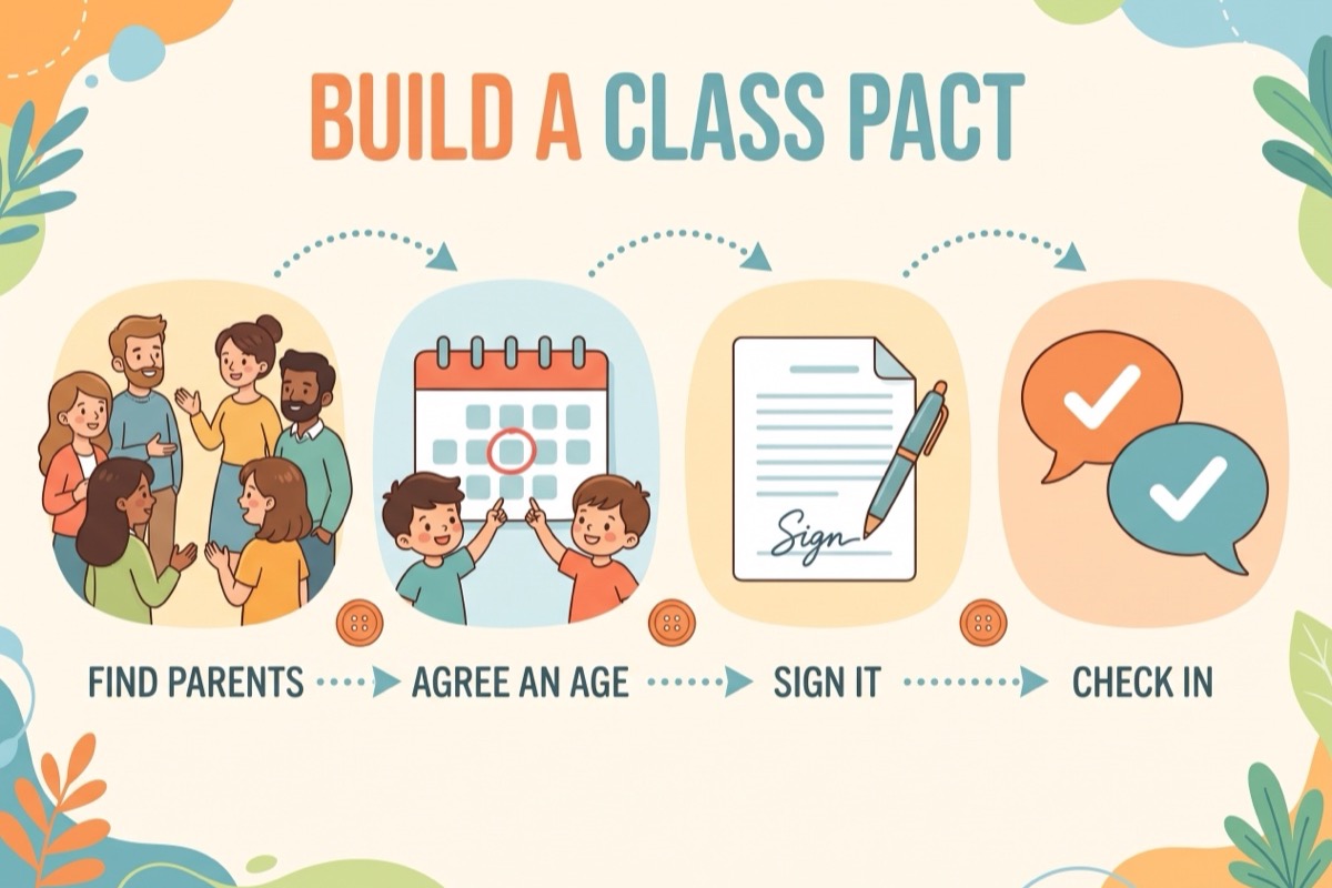 Build a class pact infographic: find parents, agree an age, sign it, check in