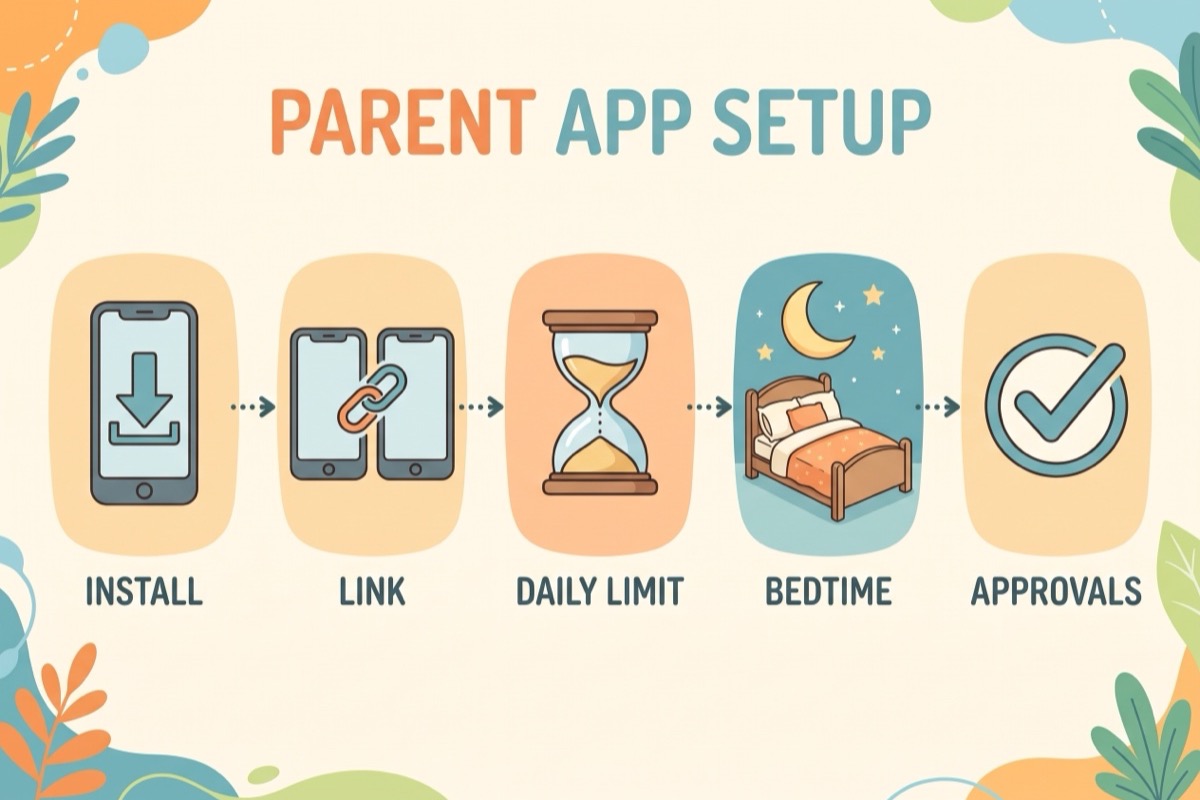 Parent app setup infographic: install, link, daily limit, bedtime, approvals