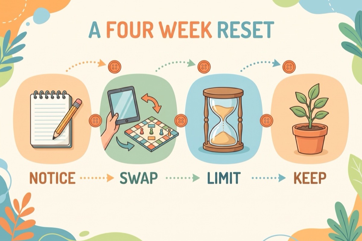A four week reset infographic: notice, swap, limit, keep