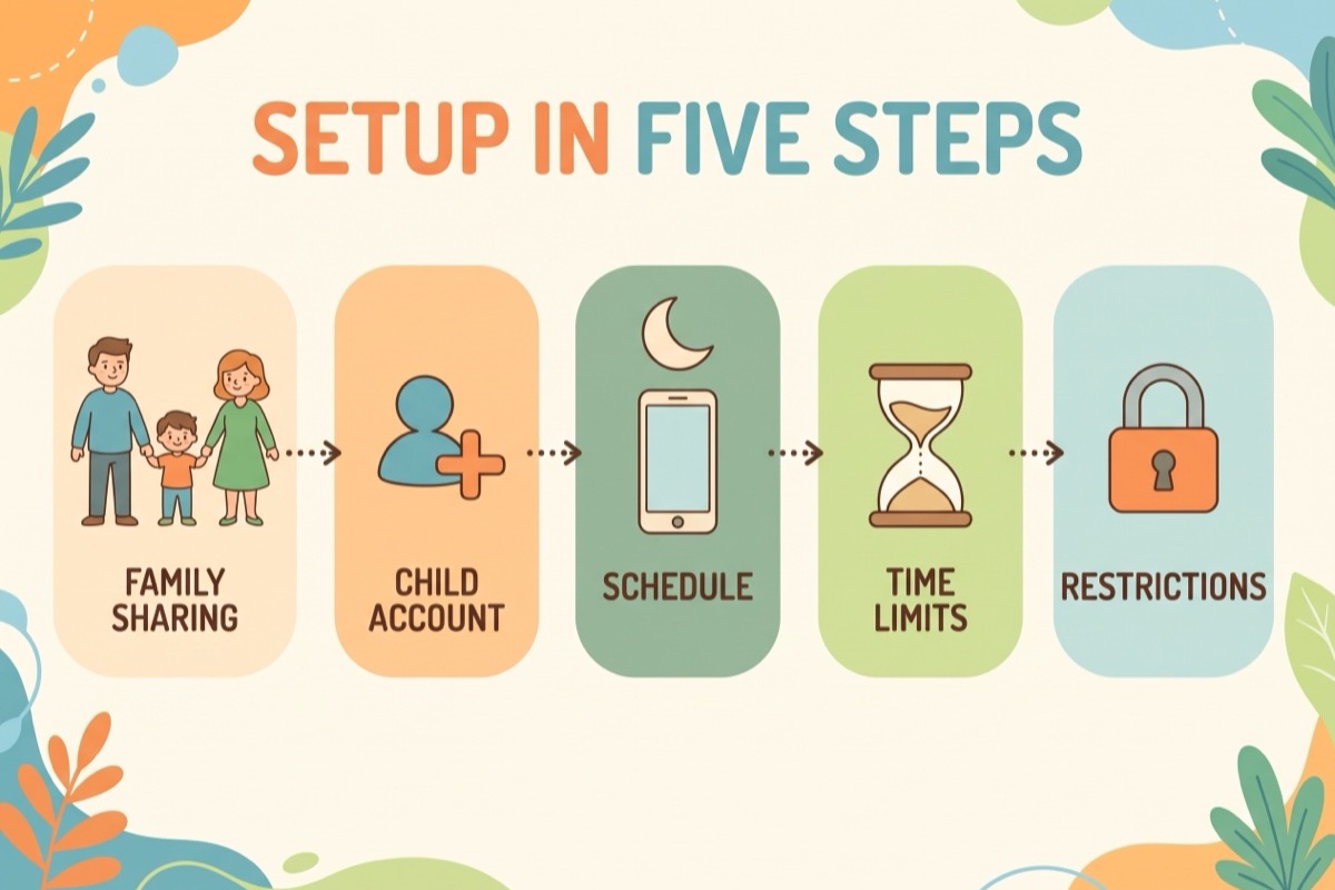 Setup in five steps infographic: family sharing, child account, schedule, time limits, restrictions