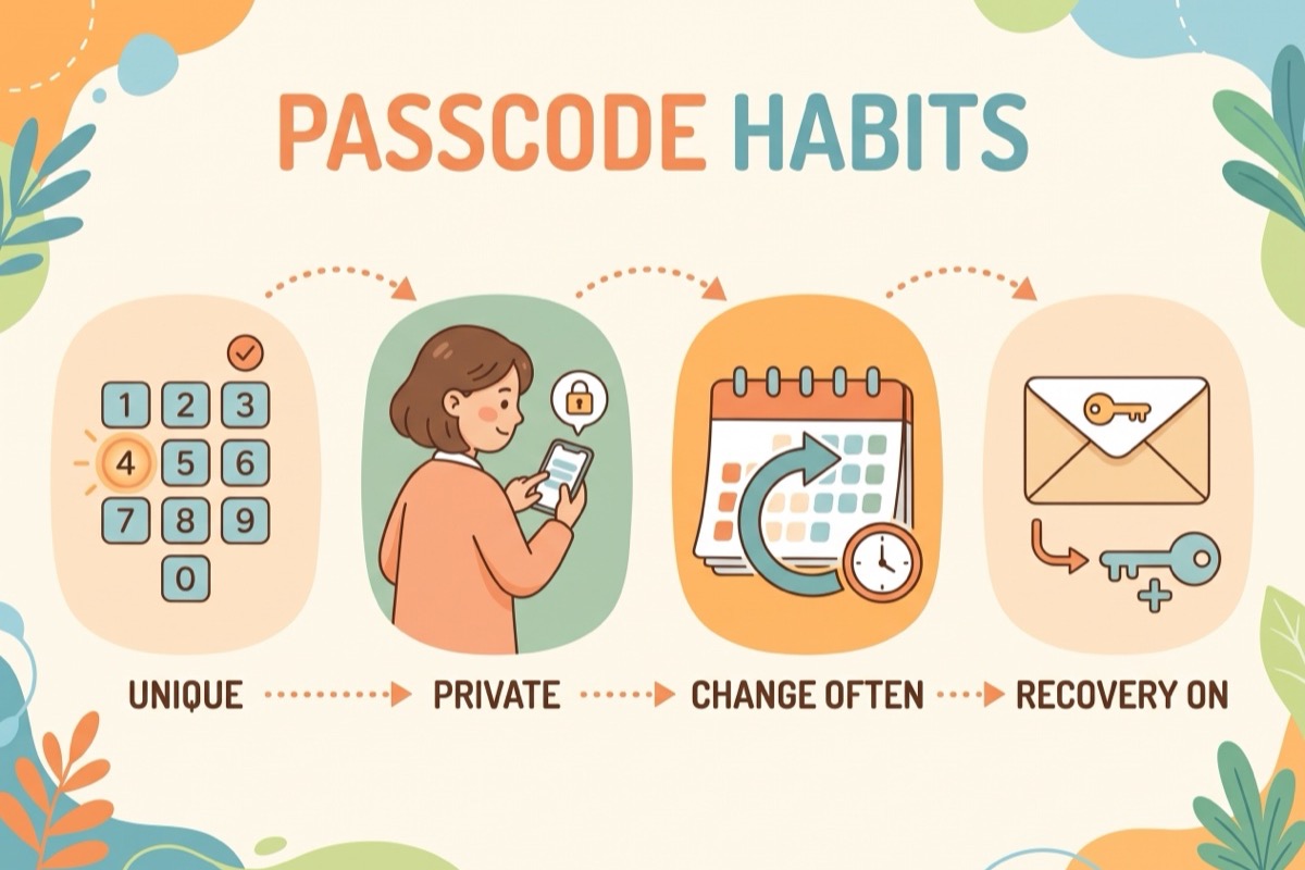 Passcode habits infographic: unique, private, change often, recovery on