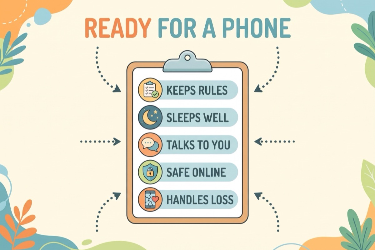 Ready for a phone infographic: keeps rules, sleeps well, talks to you, safe online, handles loss