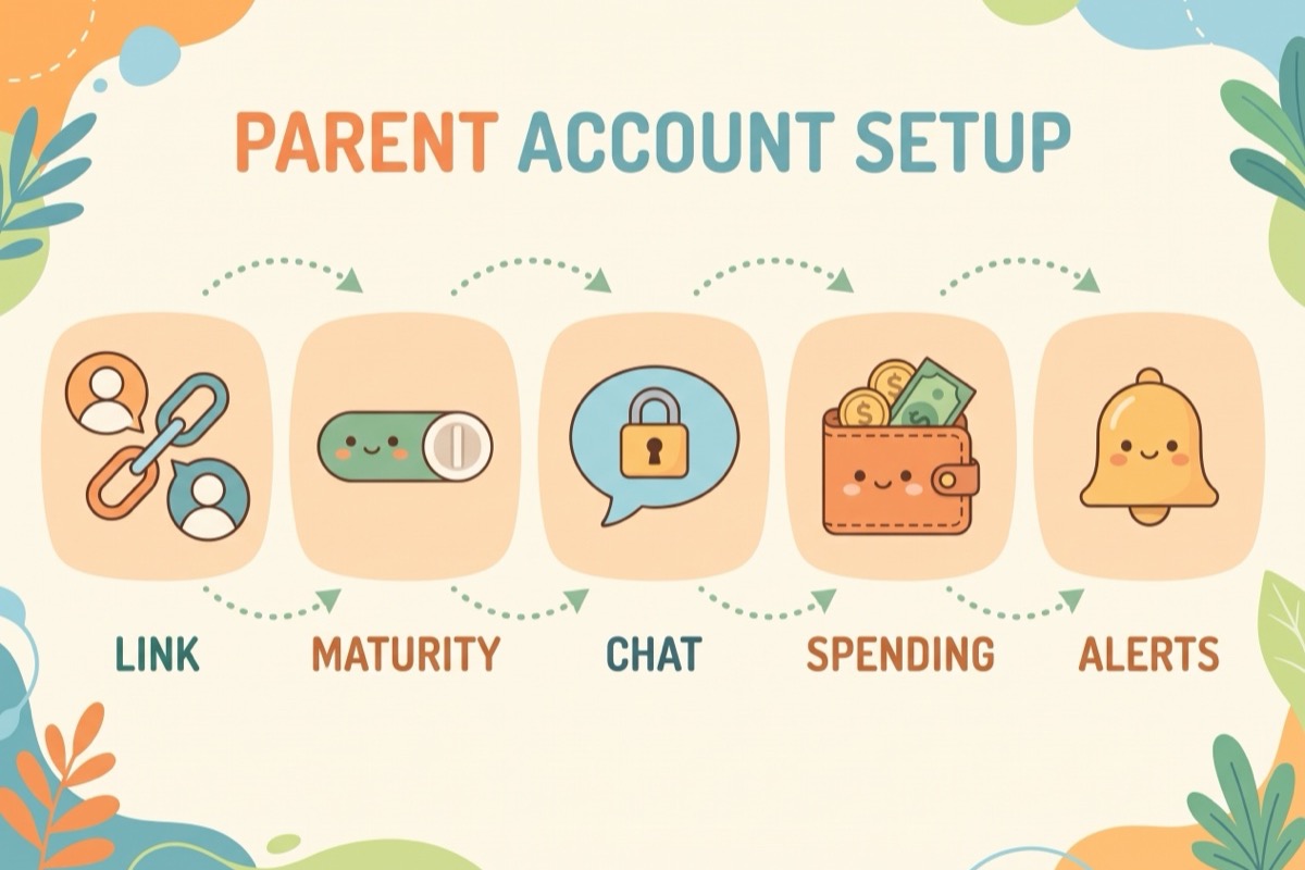 Parent account setup infographic: link, maturity, chat, spending, alerts