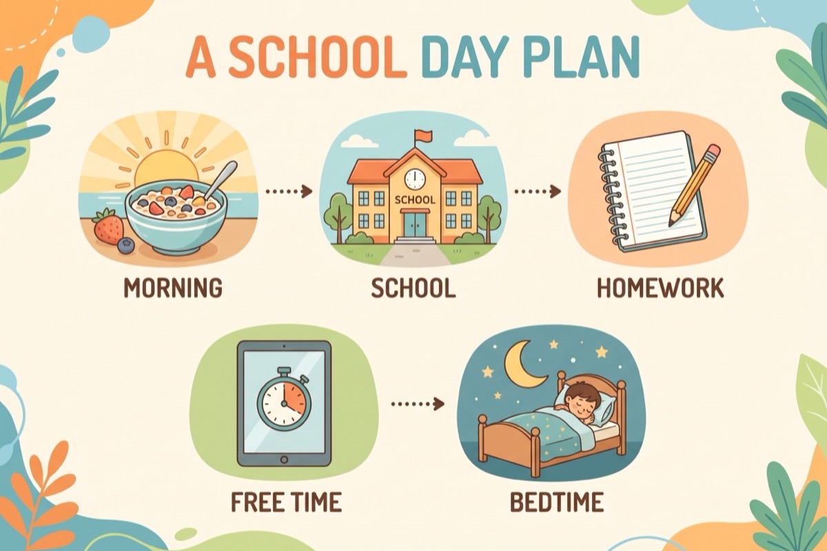 A school day plan infographic: morning, school, homework, free time, bedtime
