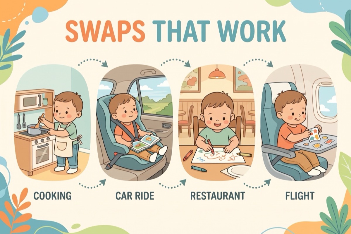Swaps that work infographic: cooking, car ride, restaurant, flight
