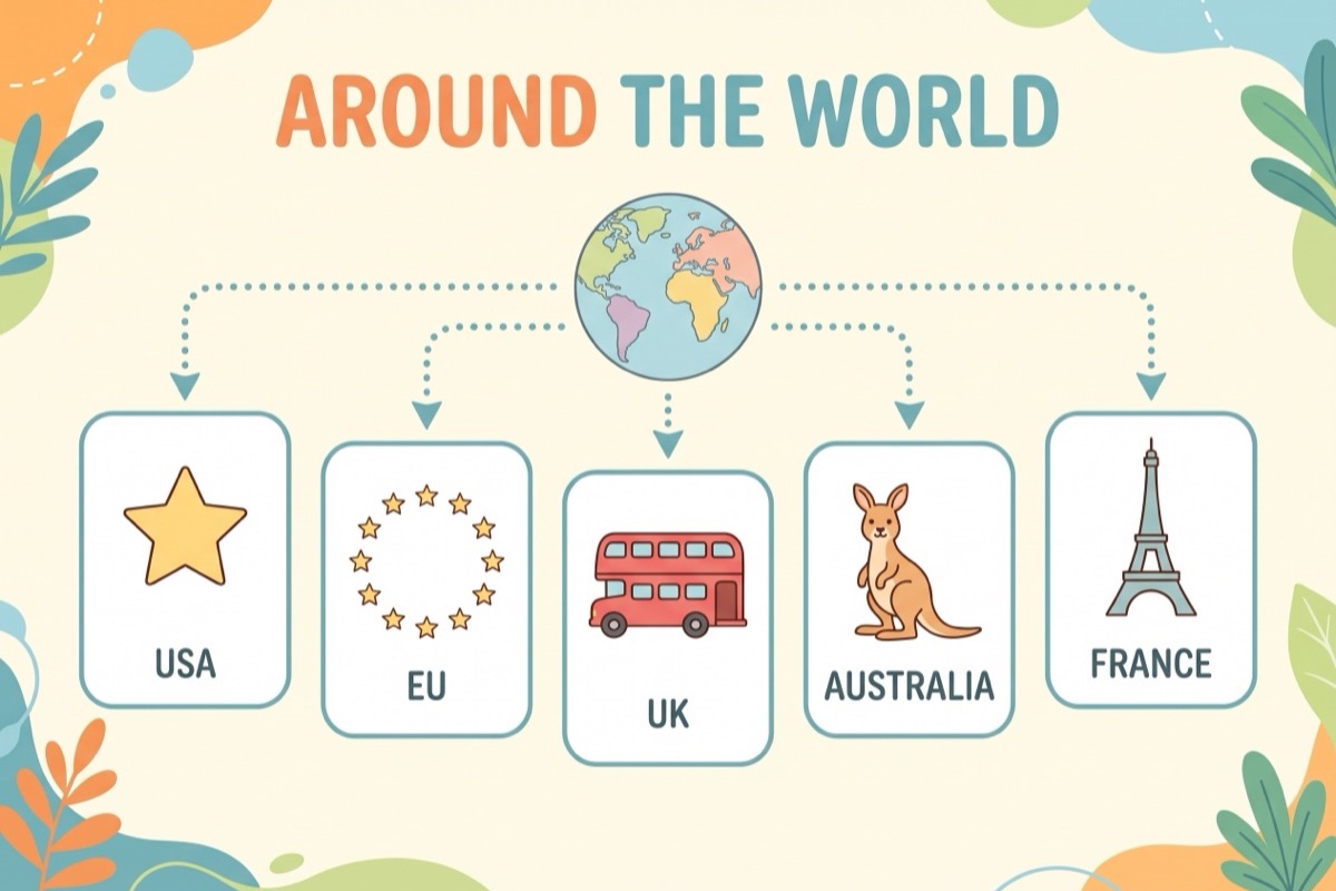 Around the world infographic: usa, eu, uk, australia, france
