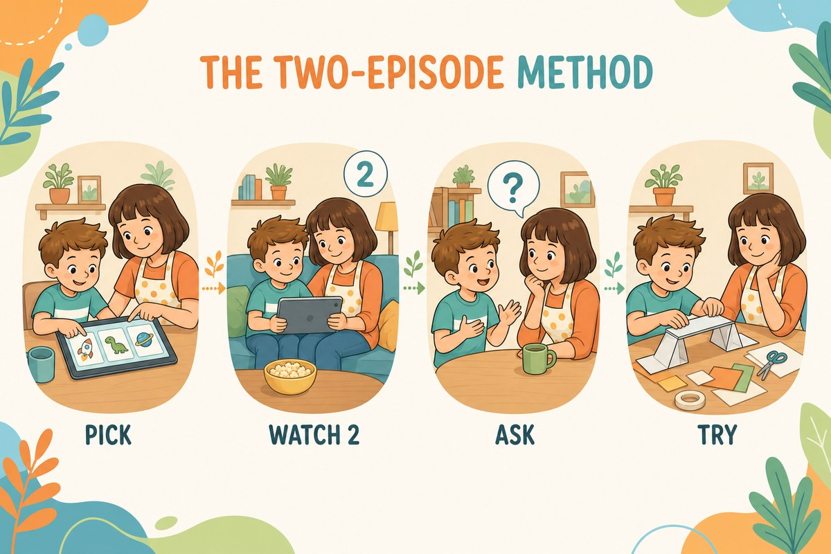 The two-episode method infographic: pick, watch 2, ask, try