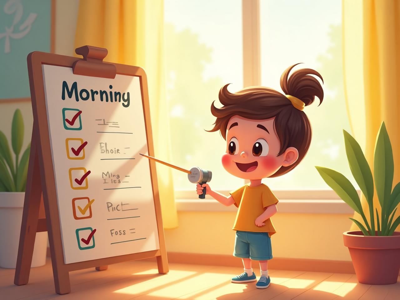 Child using morning checklist for kids with daily routine tasks