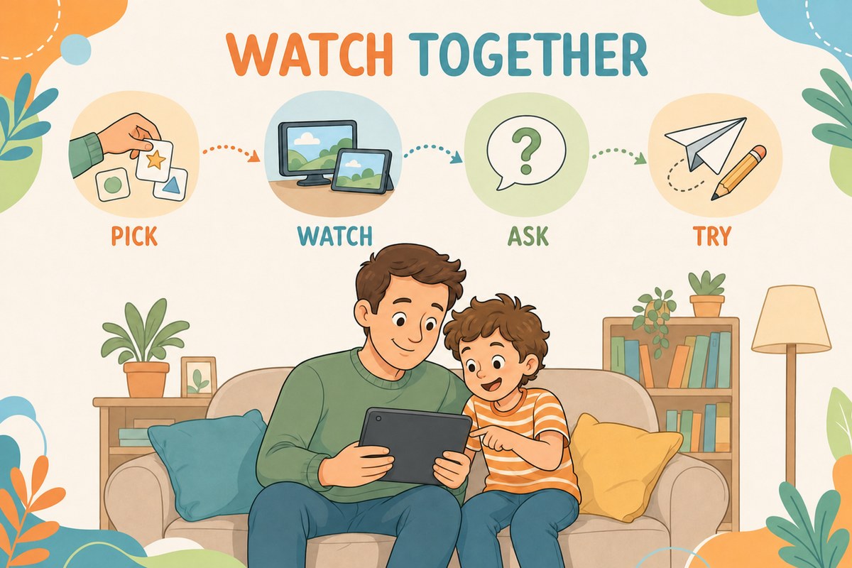 Educational YouTube channels for kids illustration: a parent and child watching together on a sofa with steps pick, watch, ask and try